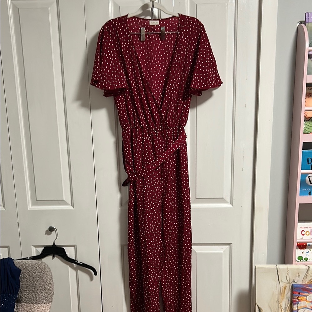 Polka Dot one piece jumpsuit in deep red. NEVER WORN